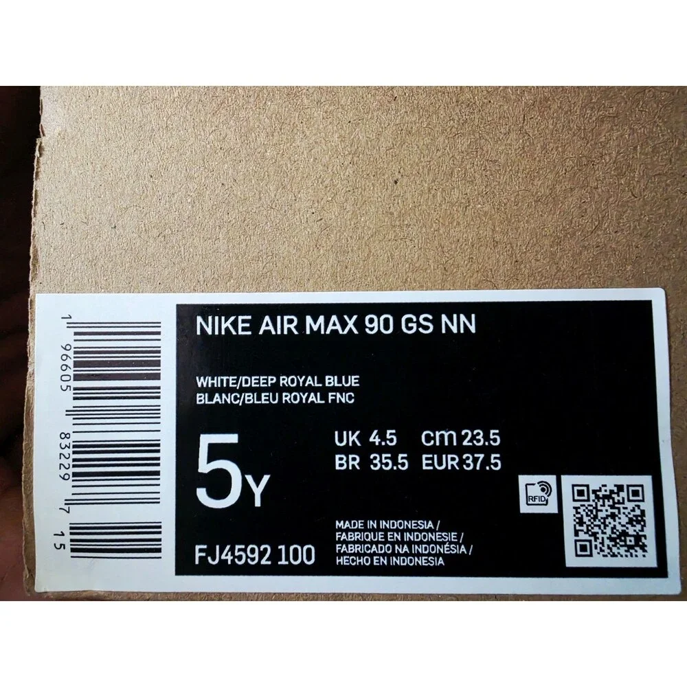 Nike Air Max 90 GS NN Unisex Kids Low Top Lace-Up White/Blue US 6.5 Women/5Youth